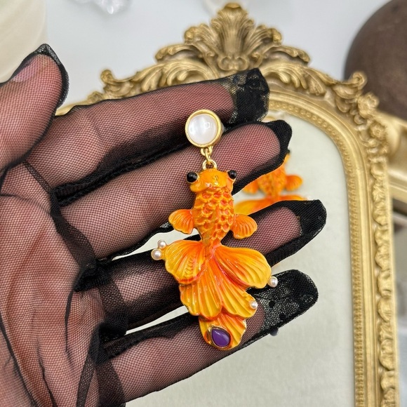 Statement Goldfish Earrings – Hand-Painted Enamel & Pearl Detail - Picture 5 of 10